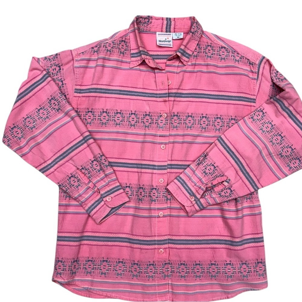 Nuovo Vintage 90s Pink Southwestern Stripe Long Sleeve Button-Up Shirt Sz Medium